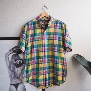 Vintage Ralph Lauren Button Down Shirt Mens Size Large Plaid Colorful Check Blue
